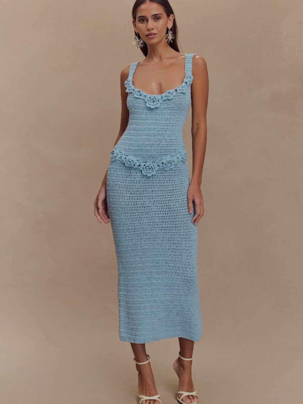 Meshki Teagan Floral Hand Crochet Midi Dress - Blue XS
